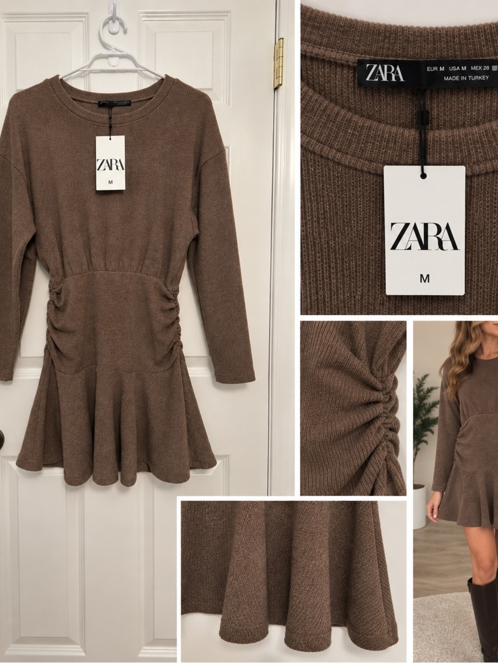 Zara Brown Ribbed Knit Flared Waist-Detail Dress